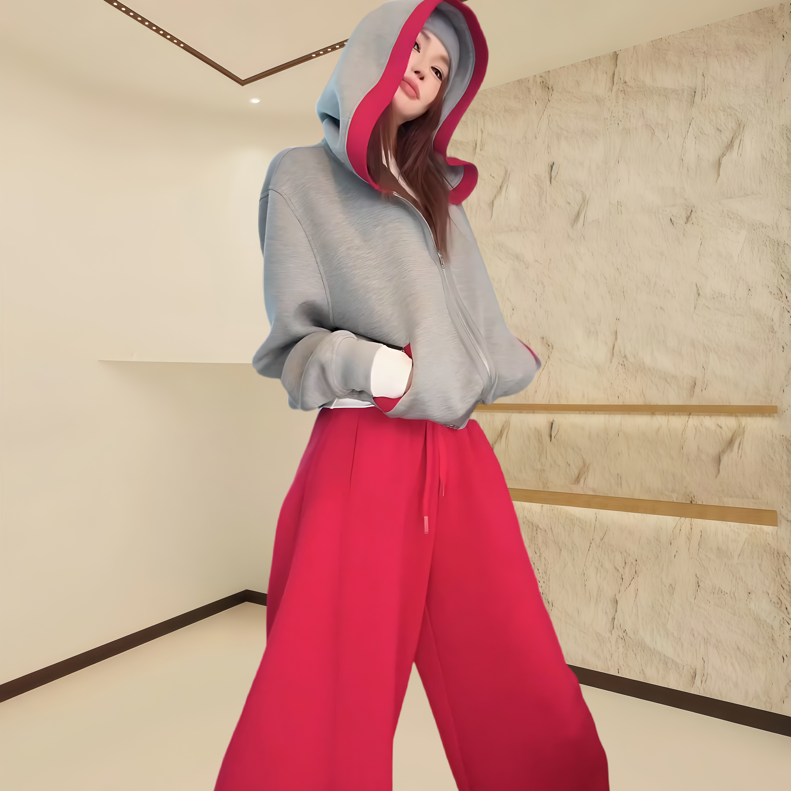 休闲风撞色连帽卫衣女2025秋季新款高腰显瘦抽绳阔腿裤长裤两件套