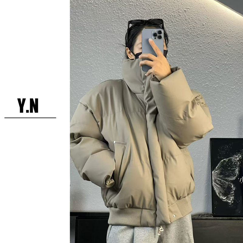 棕色短款PU皮棉服男款冬季美式cleanfit立领棉衣保暖加厚面包服