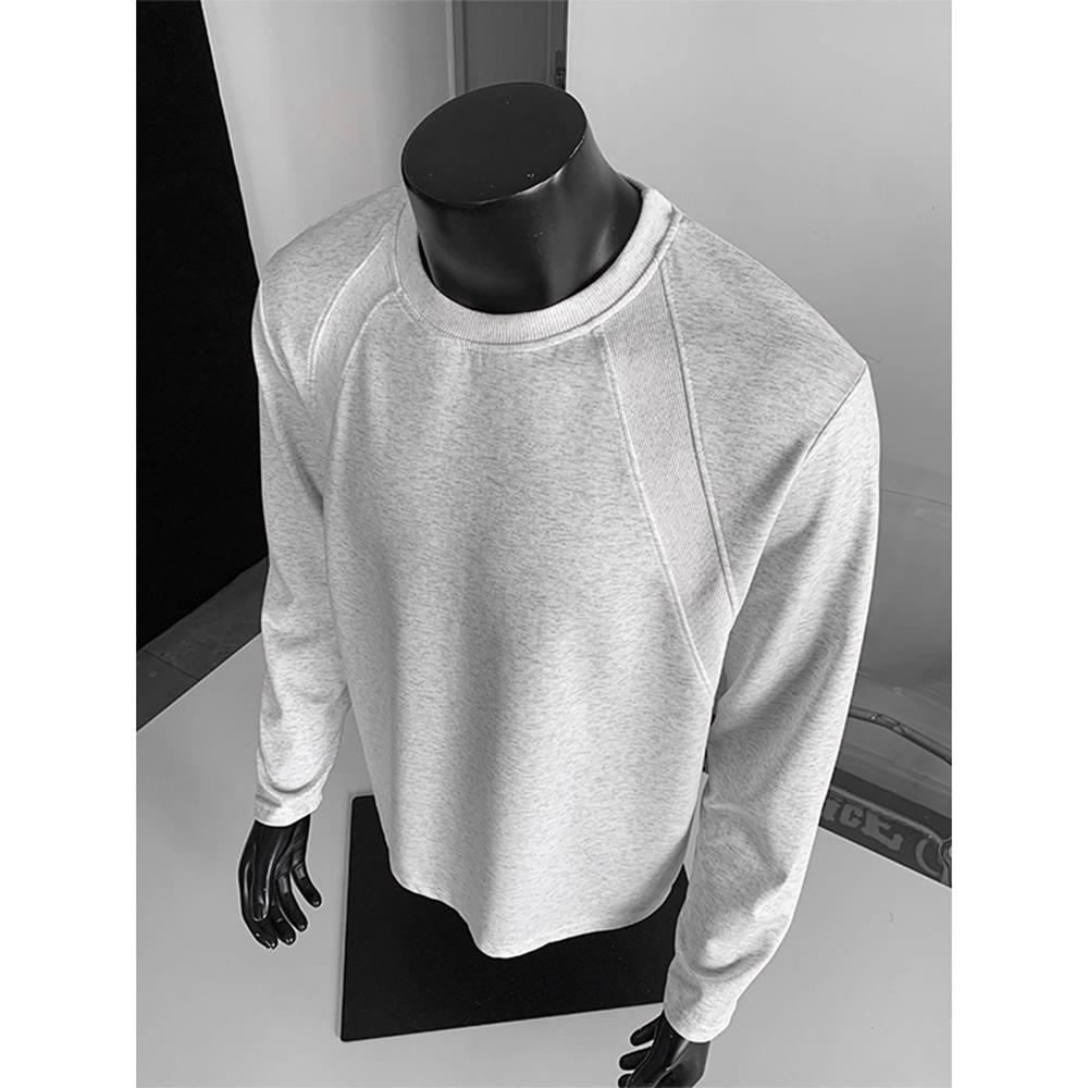 白花灰色美式拼接长袖T恤男款秋季圆领卫衣cleanfit内搭打底上衣