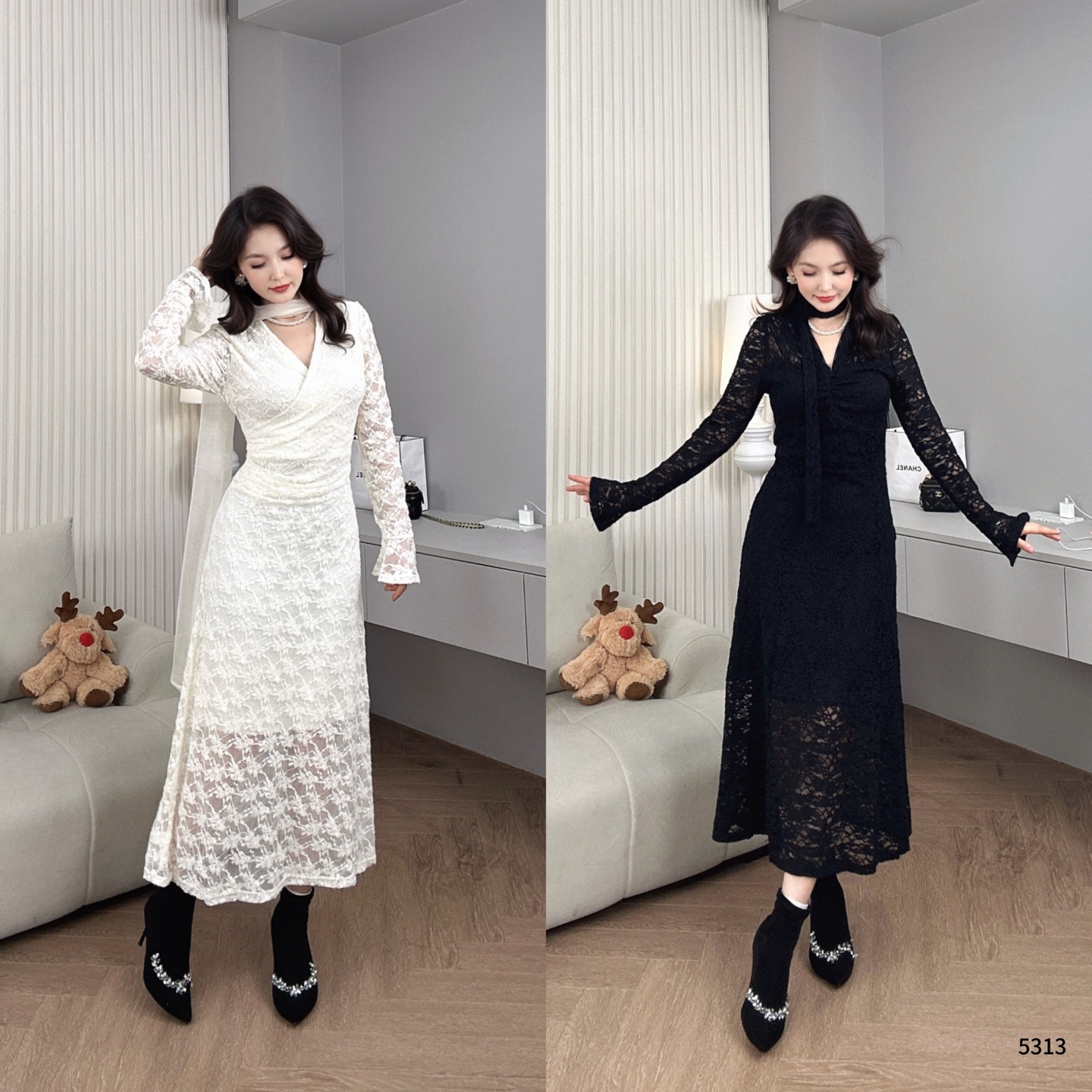 Saeda秋冬新款韩版设计感毛绒绒收腰法师氛围蕾丝连衣裙 YF5313