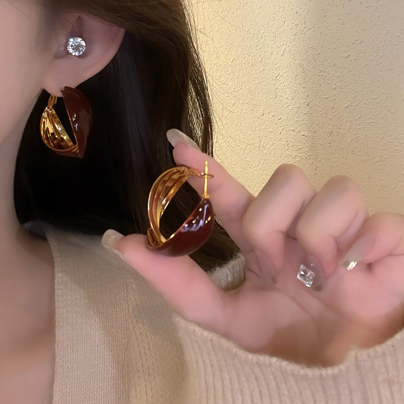 铜合金耳饰 微醺舞会~安可拉红复古法式高级感耳环百搭耳圈耳饰品