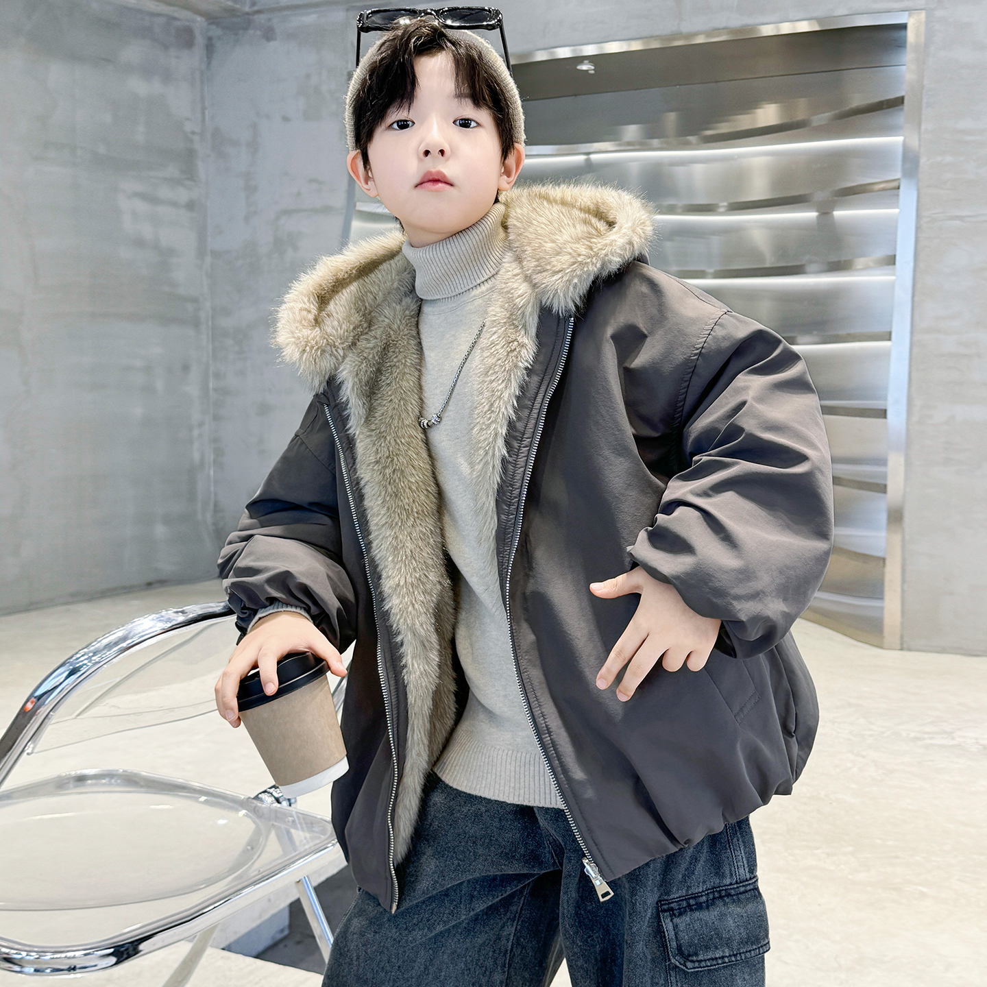 双面穿男童加绒加厚外套2026新款大童秋冬装皮毛一体儿童冬季男孩