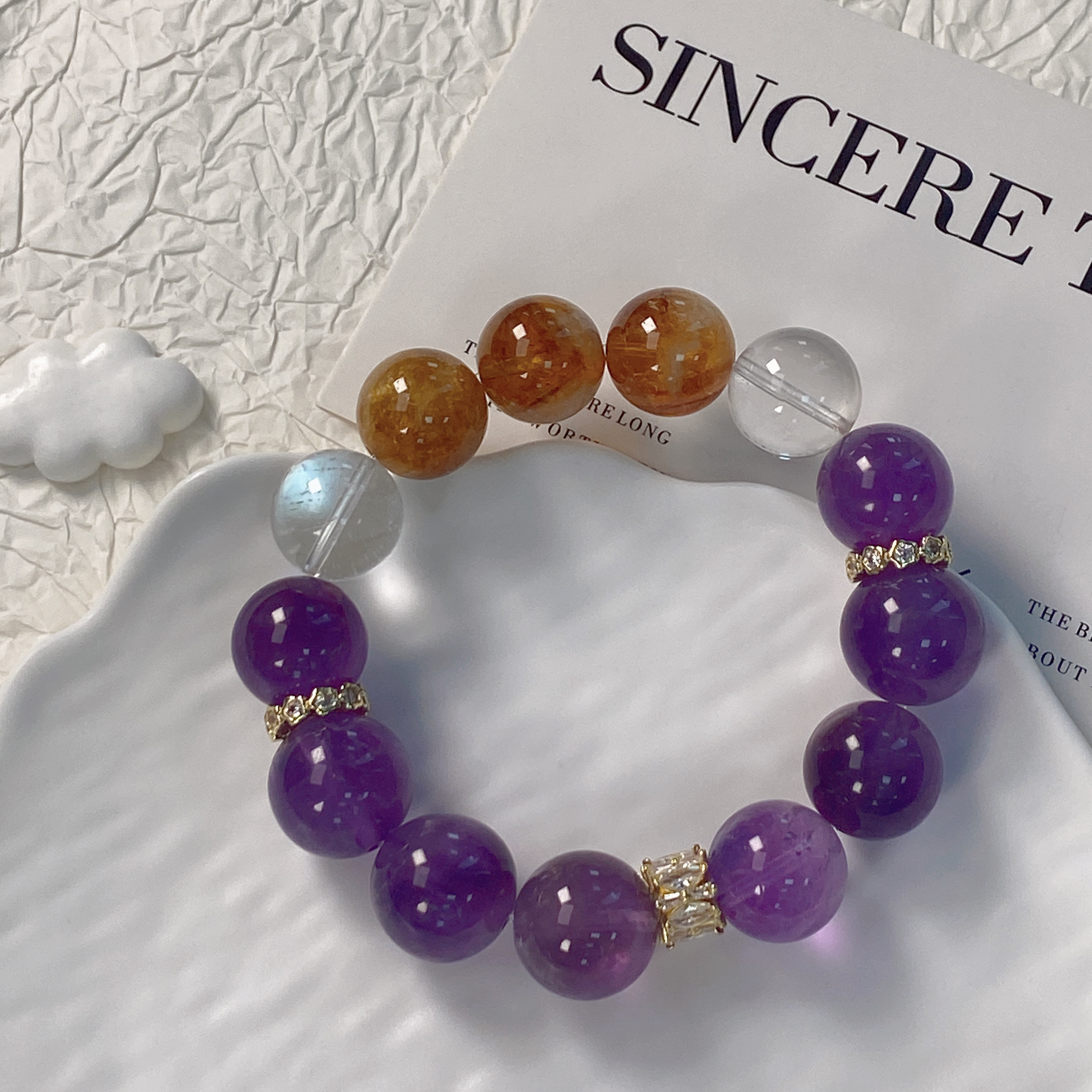 紫水晶黄水晶白水晶结合紫贵金来手串ZDYSJ00557