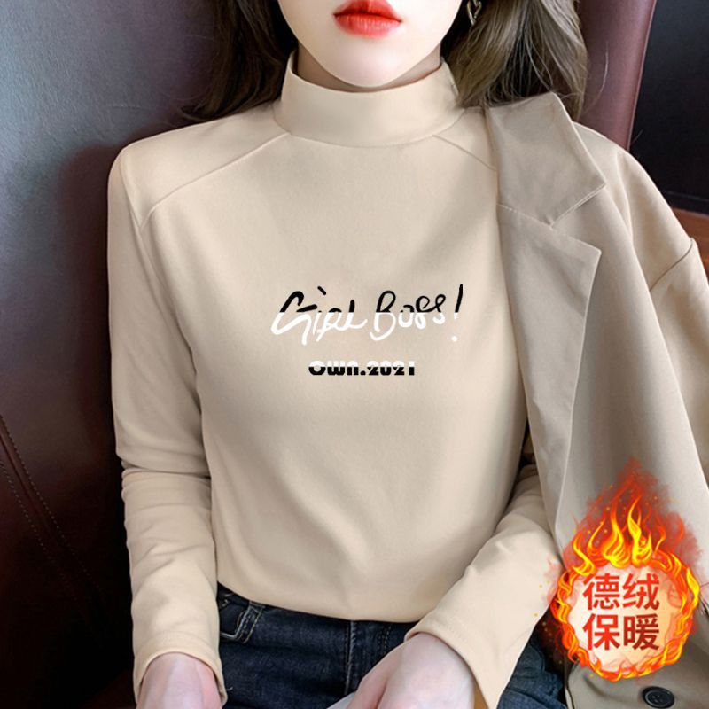 半高领印花加厚德绒打底衫女秋冬女装新品百搭内搭长袖T恤女上衣