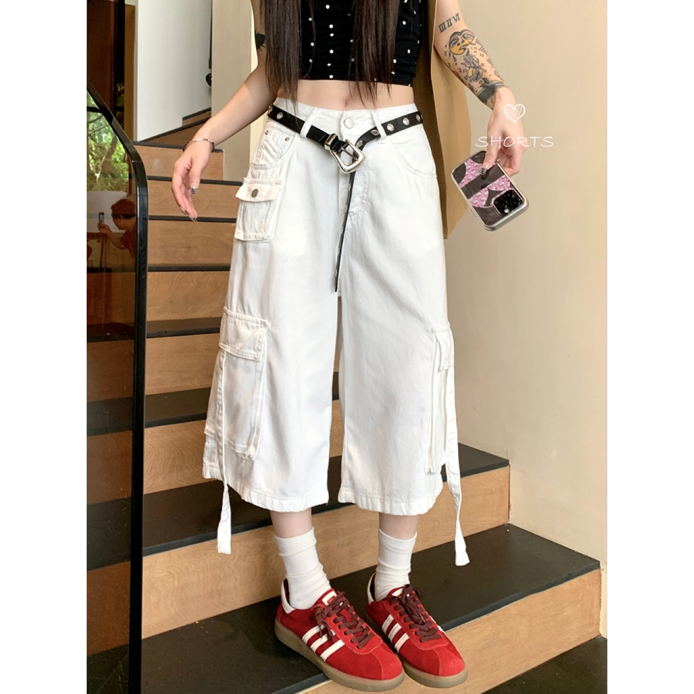 大码美式白色工装牛仔七分裤女2025夏季新款高腰显瘦直筒阔腿裤子