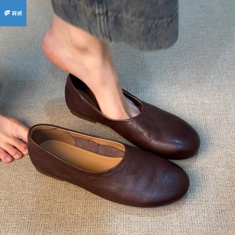 牛皮版~圆头一脚蹬复古极简风平底鞋豆豆鞋百搭通勤法式小单鞋女