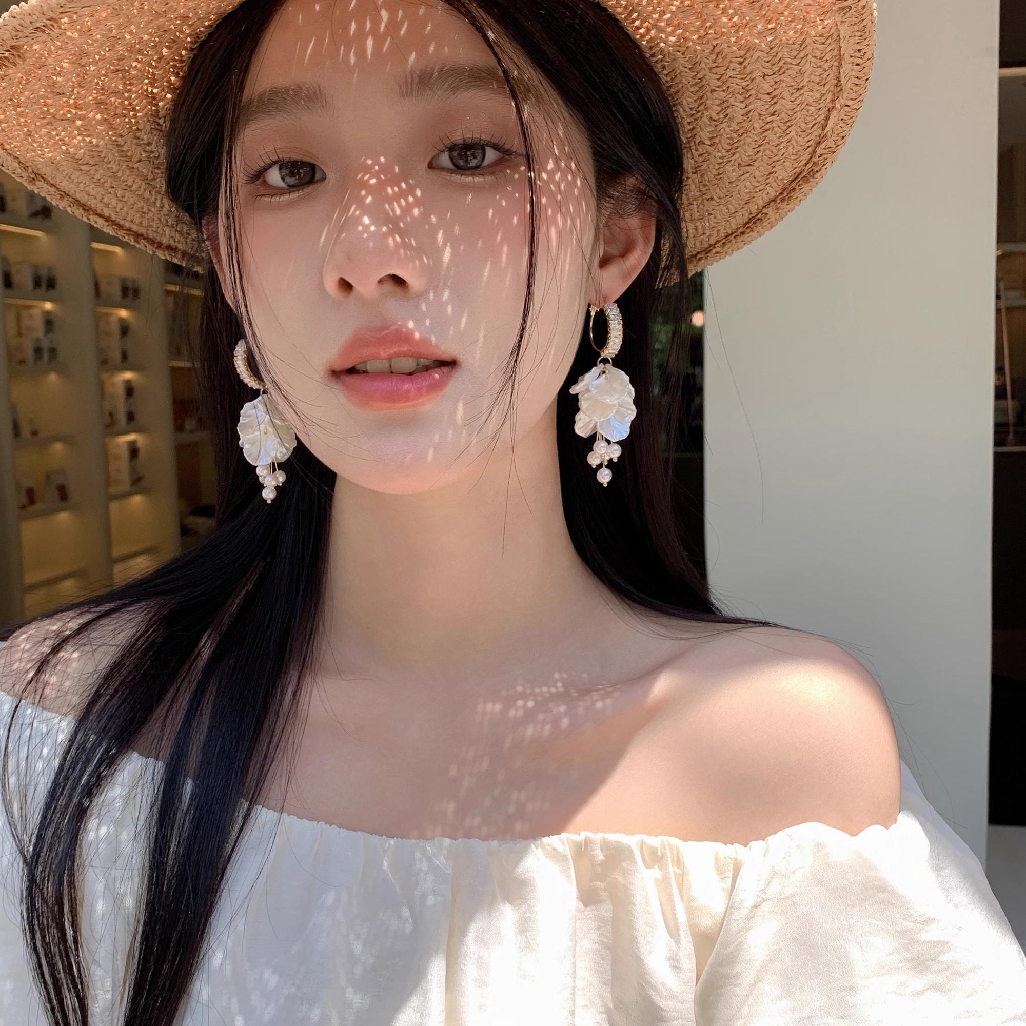 铜合金贝壳耳饰 长款贝壳流苏珠珠耳坠小众高级设计感耳环耳饰290