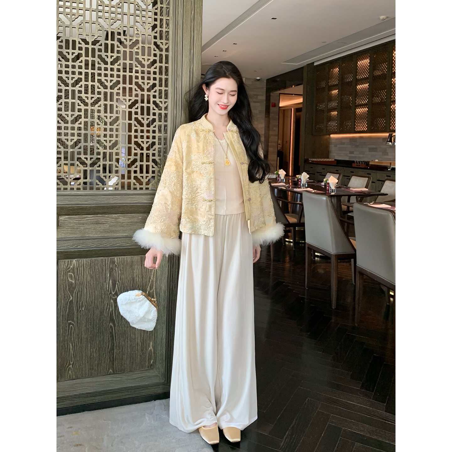 凌茜恣禾【舒迹】国风新中式丝绒阔腿裤长裤女慵懒宽松休闲百搭裤子