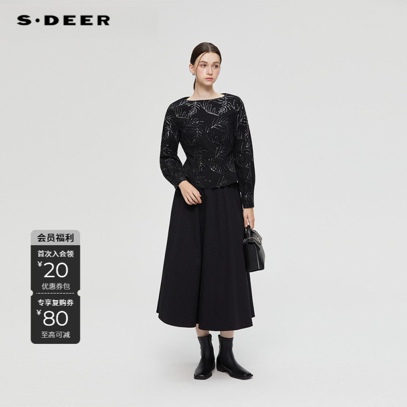 S·DEER圣迪奥秋季长袖圆领修身型气质设计师黑色上衣S253Z0571