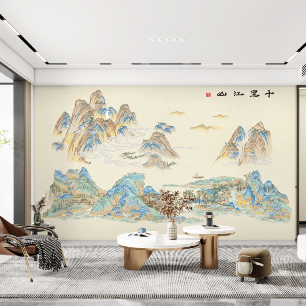 新升级版彩金版千里江山图沙发背景墙适用于办公室中堂电视机背景