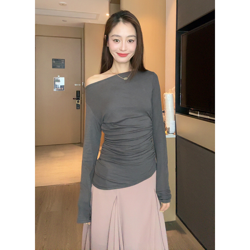 【部分现】2025早秋不规则斜肩堆堆长袖打底衫女露肩长袖T恤250760