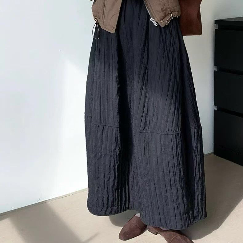 褶皱肌理感立体花腰百搭绗线中长半身裙秋冬款