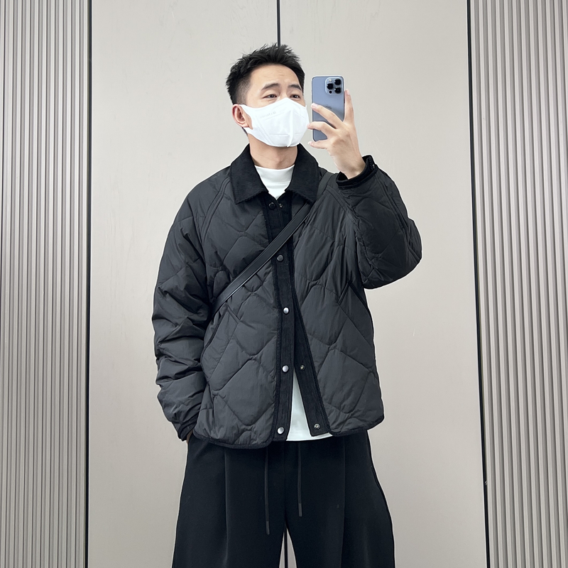 梅一天日系复古灯芯绒拼接翻领轻薄款羽绒服男冬季休闲百搭外套潮