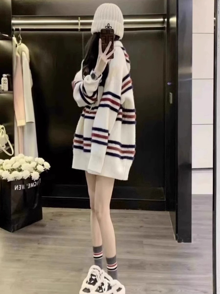 慵懒风条纹连帽毛衣女外穿秋冬新品超好看宽松套头针织衫上衣