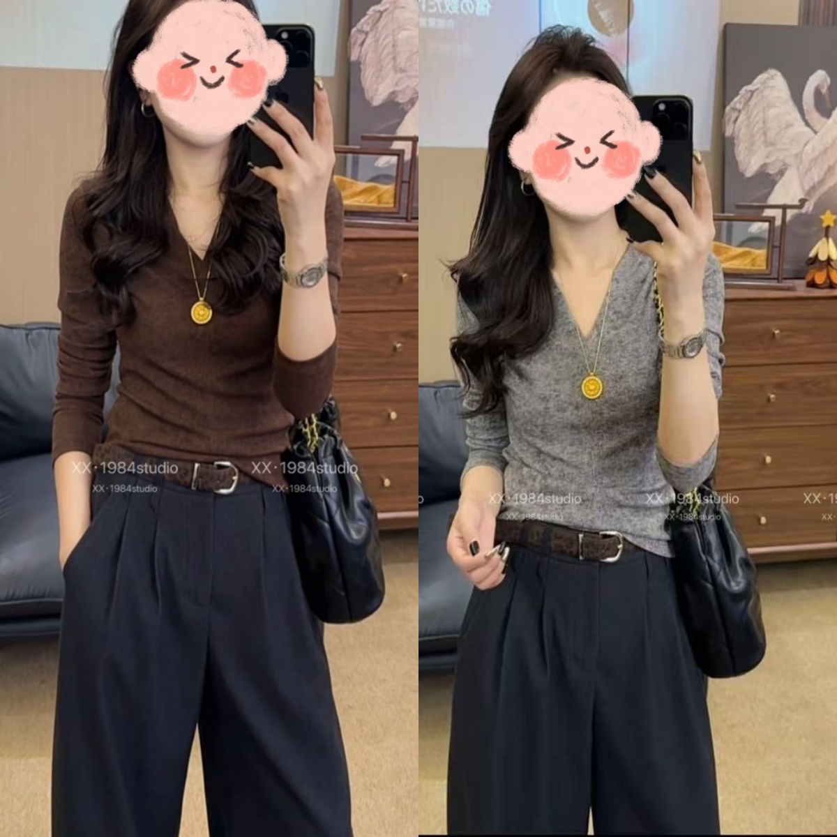 巨好看2025早秋新款V领修身气质弹力上衣T恤+高腰显瘦阔腿裤套装