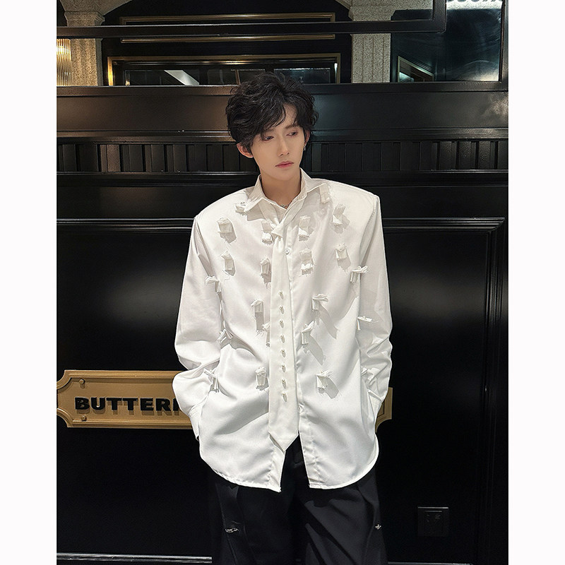 2026早春新款ins小众钉珠长袖衬衫男领带设计感韩版痞帅白衬衣潮