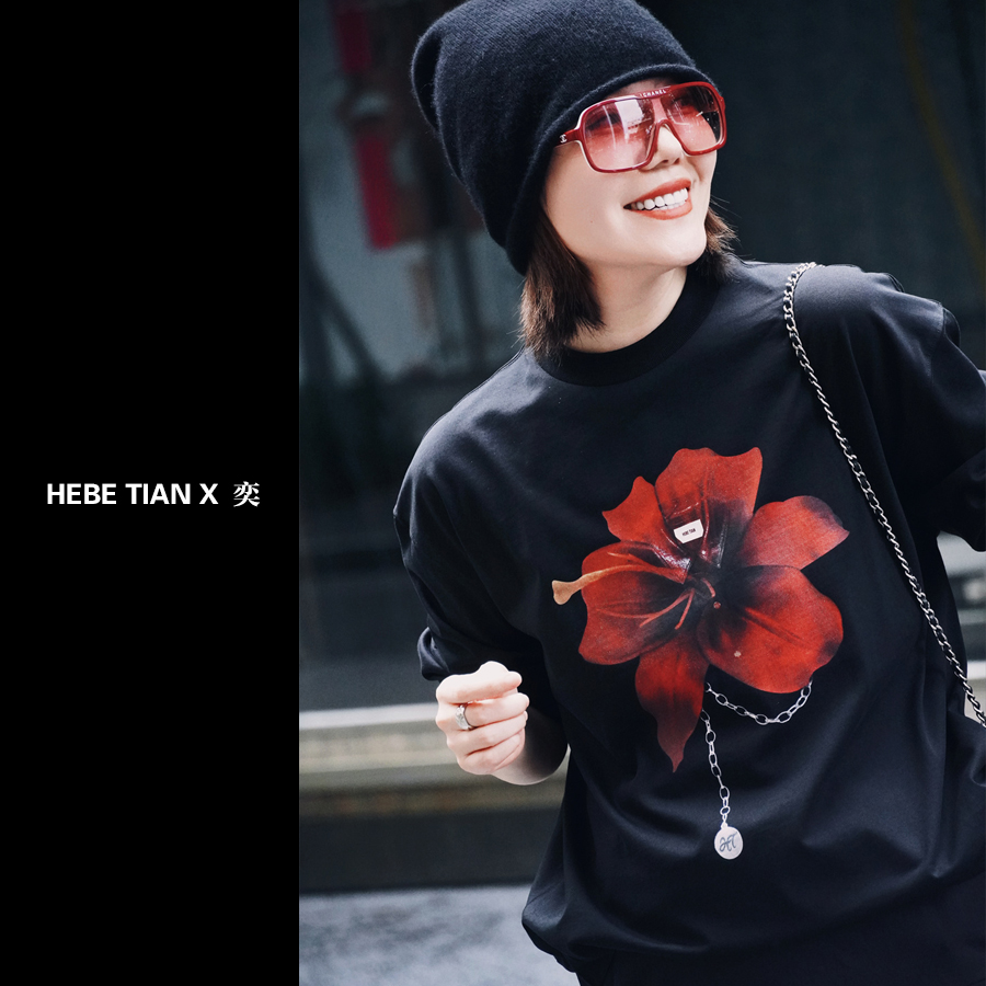 【HEBE TIAN X 奕】原创设计师品牌2025秋季新款 复古小红花长袖T恤