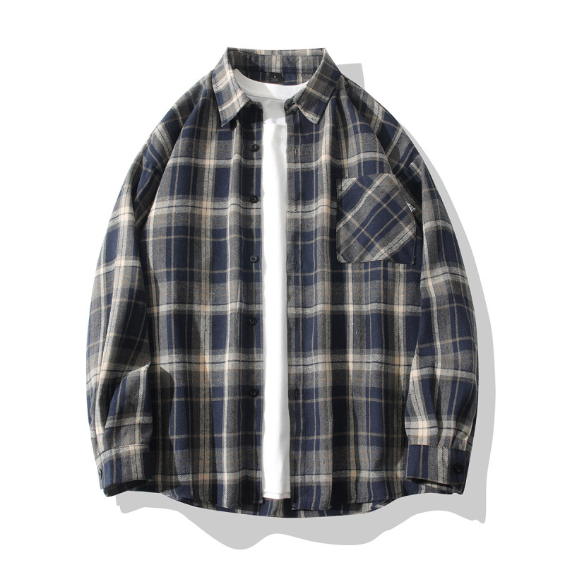 春秋季复古百搭格子衬衫男宽松休闲潮流衬衣港风休闲情侣长袖外套