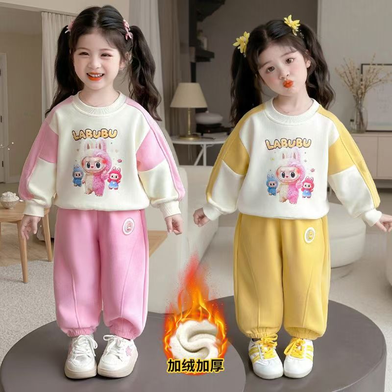女童秋冬款加绒加厚拉布布套装2025新款儿童宝宝休闲运动两件套