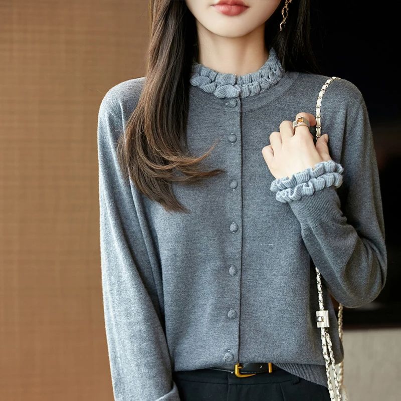 哥弟阿玛施正品秋冬时尚撞色长袖木耳边羊毛针织衫气质针织开衫女