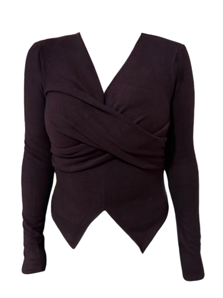 Amy家 微胖mm纯欲风不规则v领长袖T恤女秋冬修身显瘦辣妹打底上衣