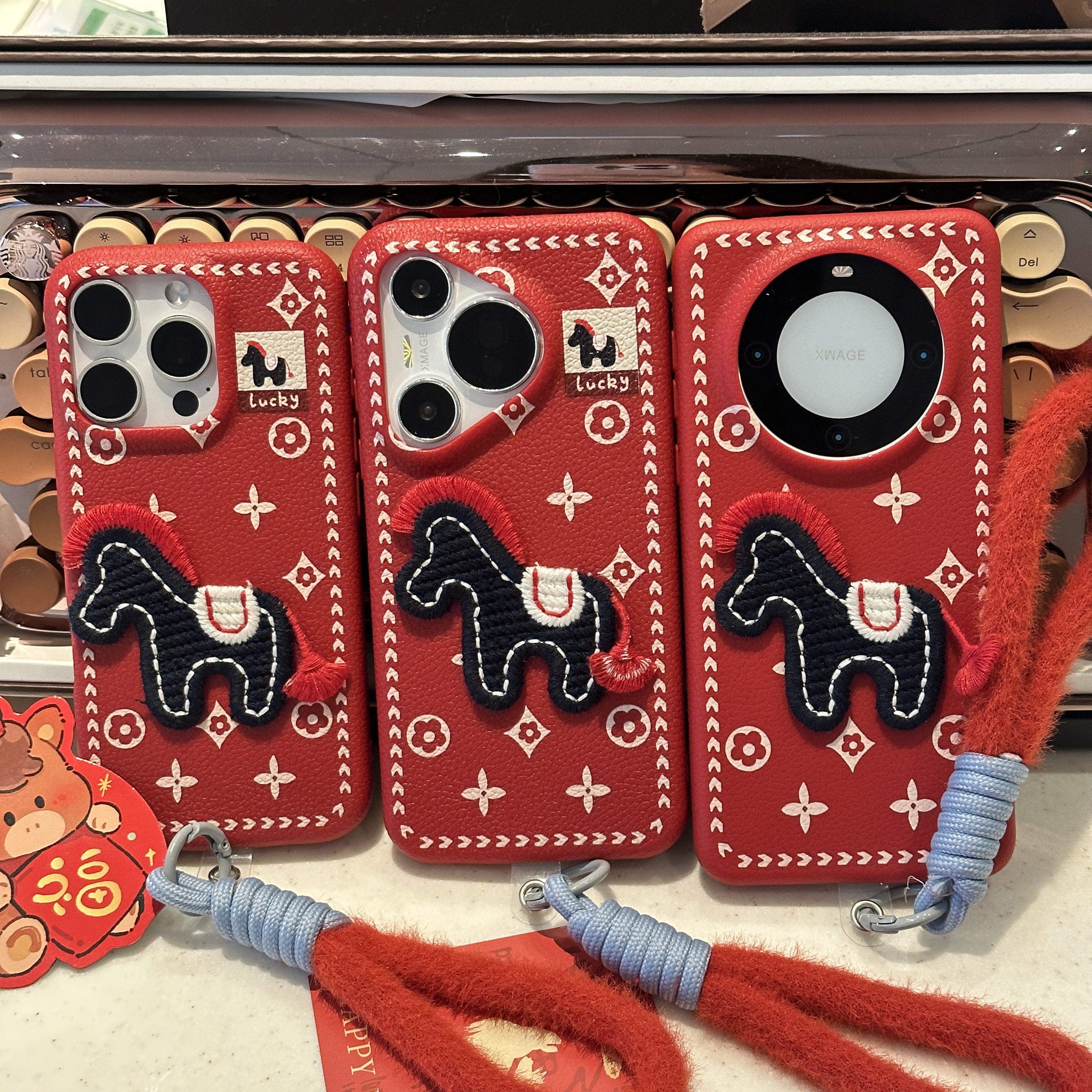 红运当头马适用苹果17promax/16pro华为vivo荔枝纹小米oppo手机壳