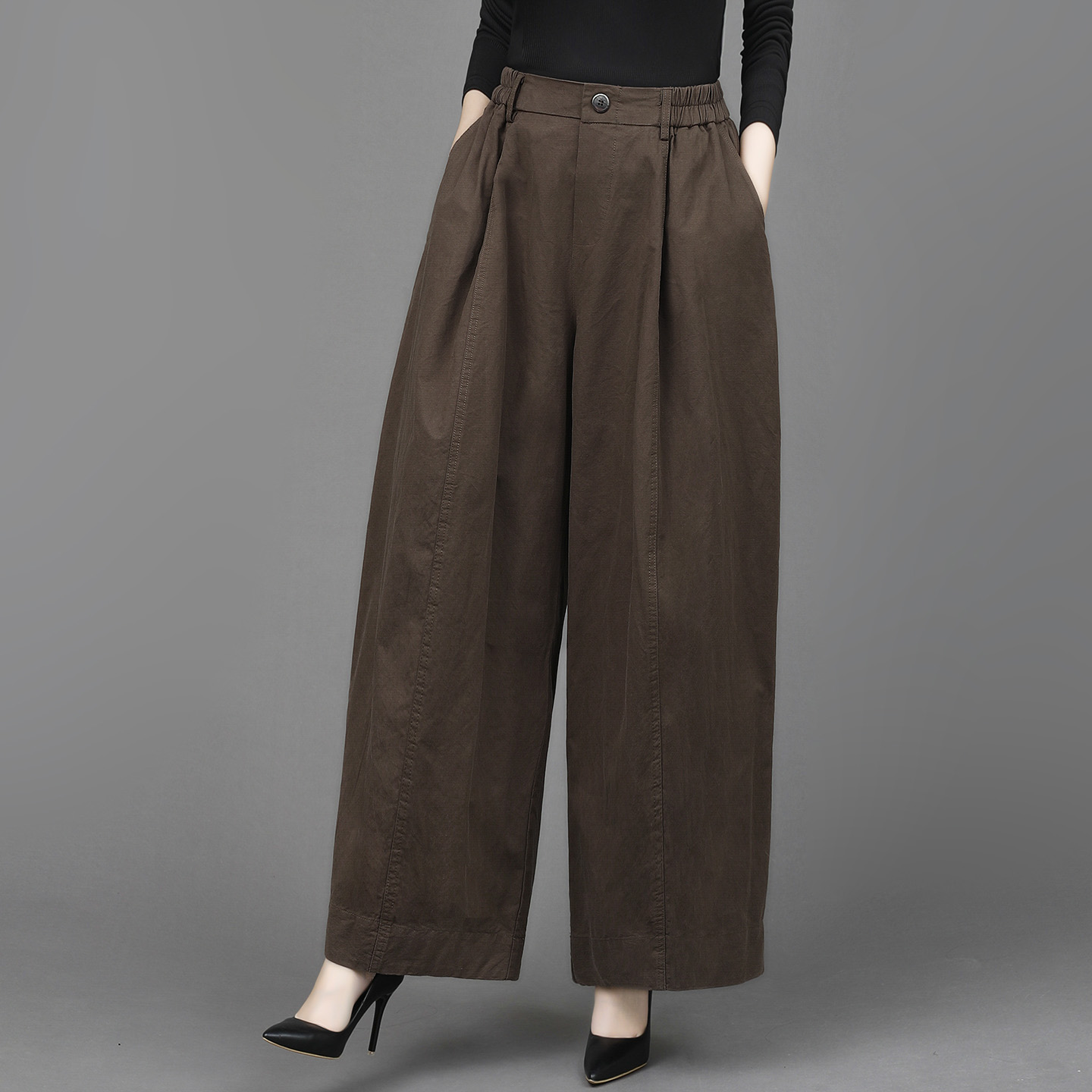 2025秋季国风时尚宽松纯棉阔腿弯刀裤女设计感休闲大码气质长裤