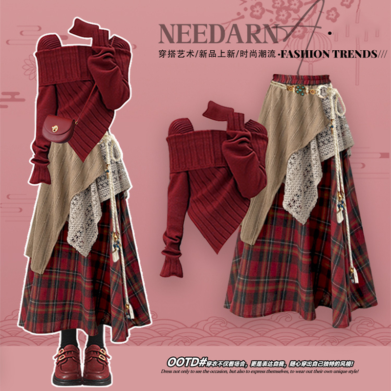 圣诞节过年穿搭巨好看一整套女2025新款法式上衣屁帘半身裙三件套