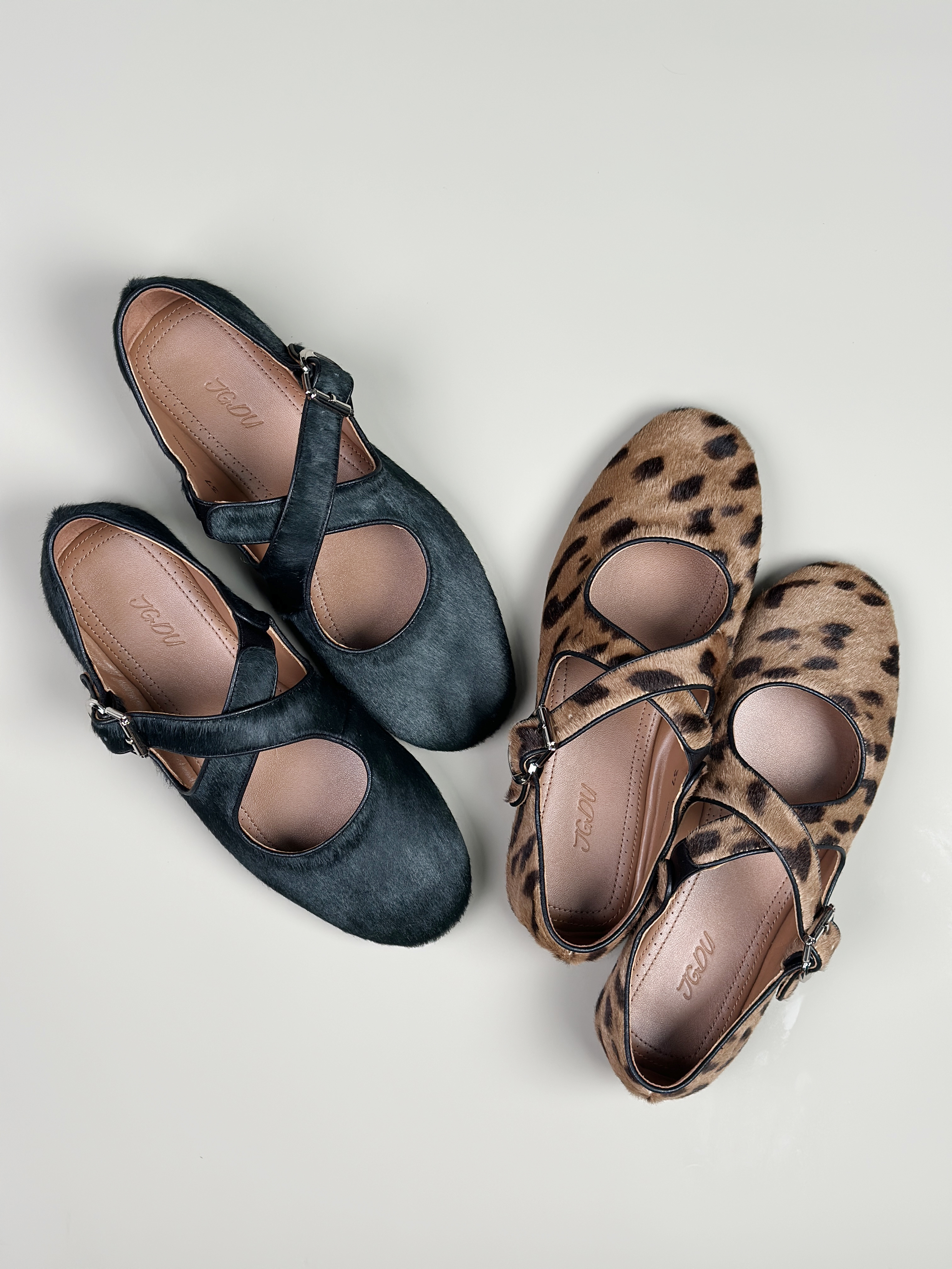 JGDU复古浅口交叉绑带玛丽珍芭蕾鞋意大利进口Dolman猫先生胎牛毛