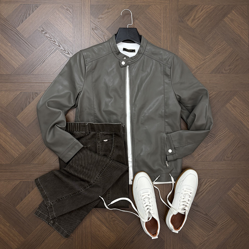 LANSIM·美式休闲痞帅立领PU软皮衣男时尚高级感黑色皮夹克外套