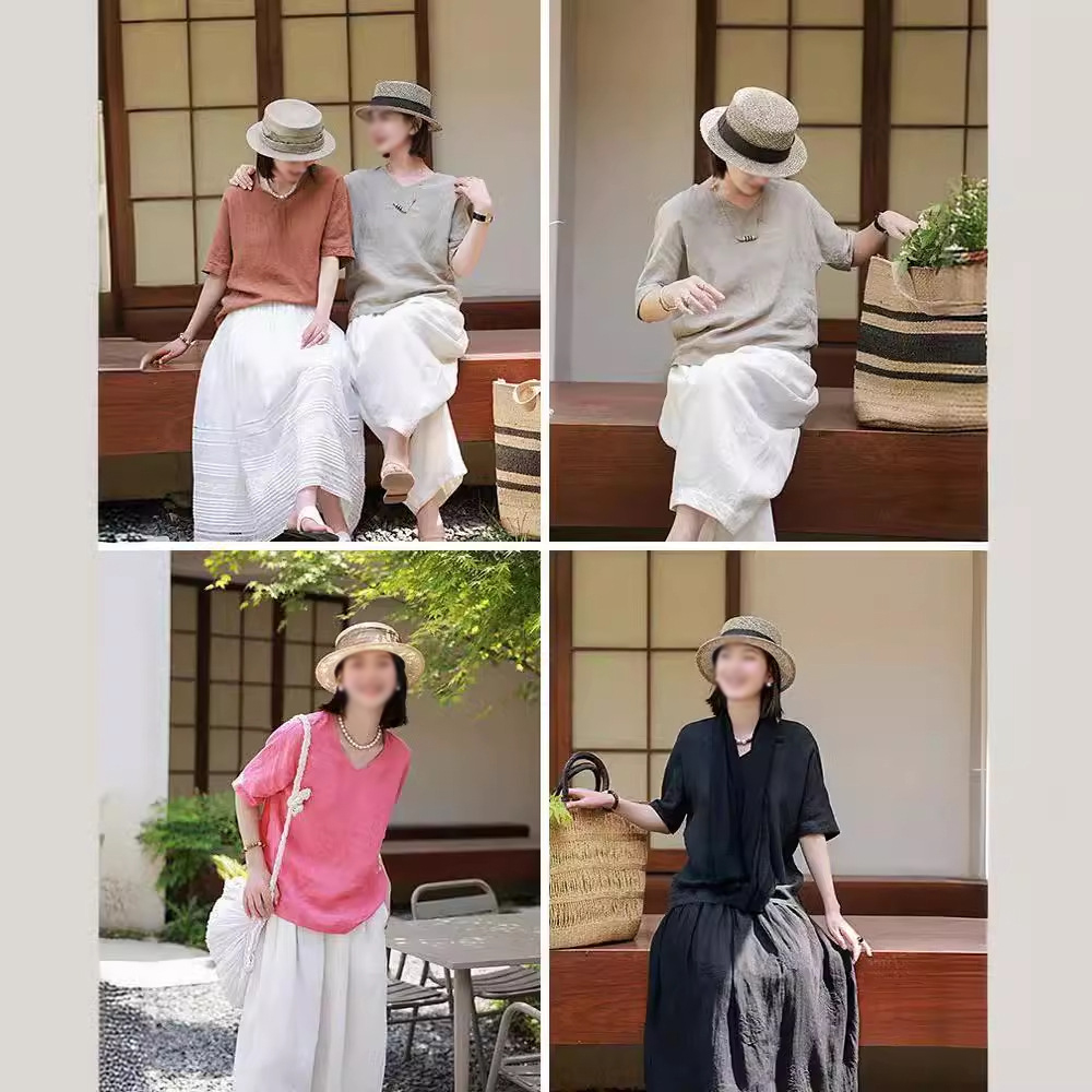 新款汉麻V领显瘦多色T恤休闲百搭透气简约文艺女士短袖上2380