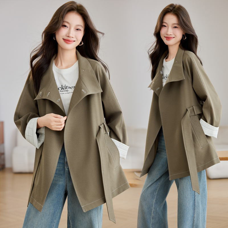 休闲时尚翻领风衣外套女2025春秋新款系带收腰显瘦百搭中长款大衣