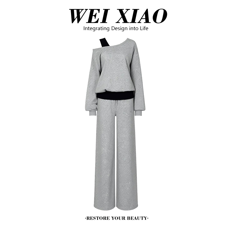 2026年春秋新款斜肩假两件卫衣+休闲阔腿裤套装女轻熟风两件套潮