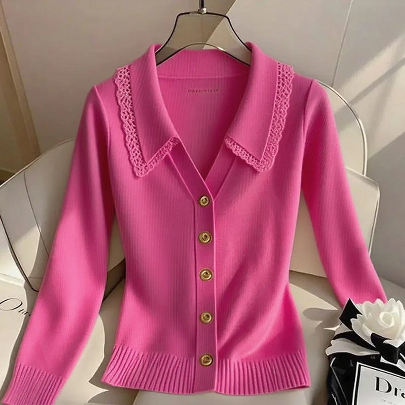 纯欲慵懒风女装粉色蕾丝花边针织衫早秋季新款高级感洋气长袖上衣