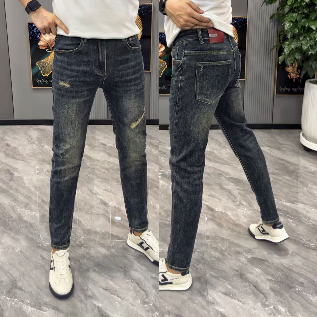长裤男秋季新款时尚百搭显瘦男士牛仔裤舒适弹力修身破洞小脚裤男