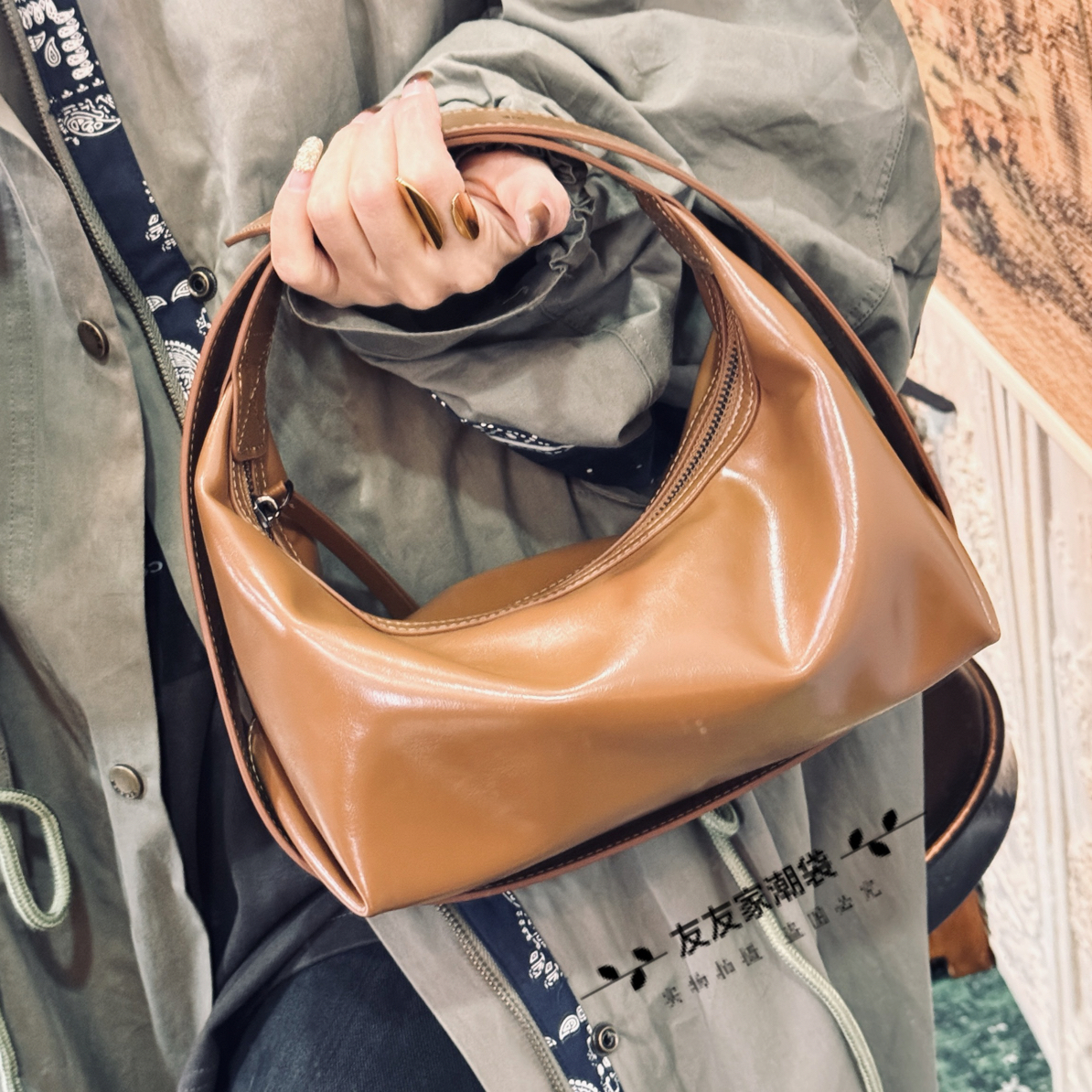 【友友家】新小众发财包百搭油蜡牛皮简约设计手提单肩斜挎气质