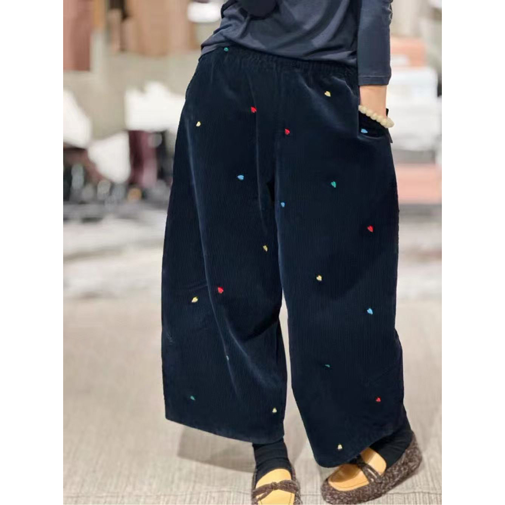 灯芯绒阔腿裤女2025秋冬新款欧韩货大版遮肉百搭网红刺绣心九分裤