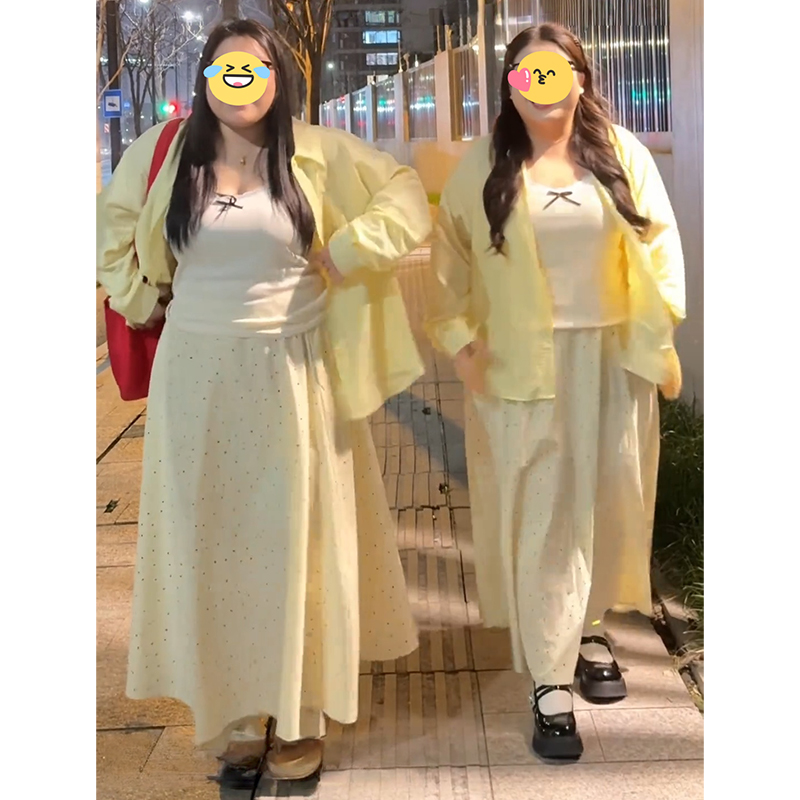 2025秋季穿搭大码女装搭配一整套背心防晒衬衫外套波点裤子三件套