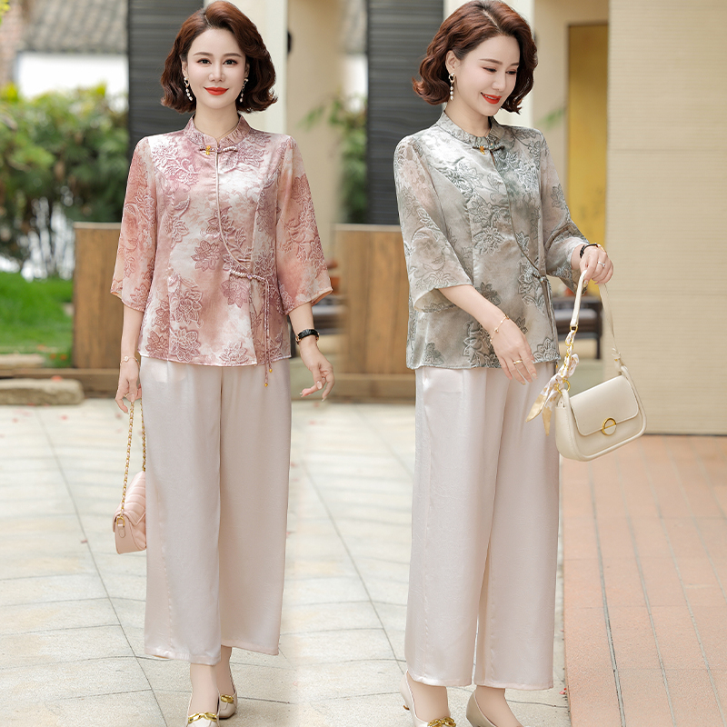 中式中年妈妈夏装两件套中老年女夏季中袖上衣洋气时尚阔腿裤套装