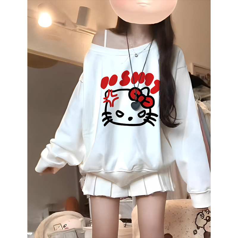 宽松慵懒风学生露肩白色卫衣女秋季2025新款别致漂亮猫咪印花上衣