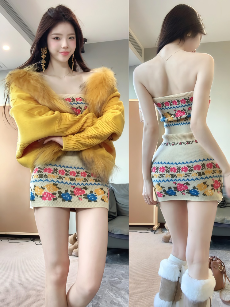 2025秋冬季新款环保毛毛针织开衫蝙蝠袖外套性感抹胸连衣裙套装女