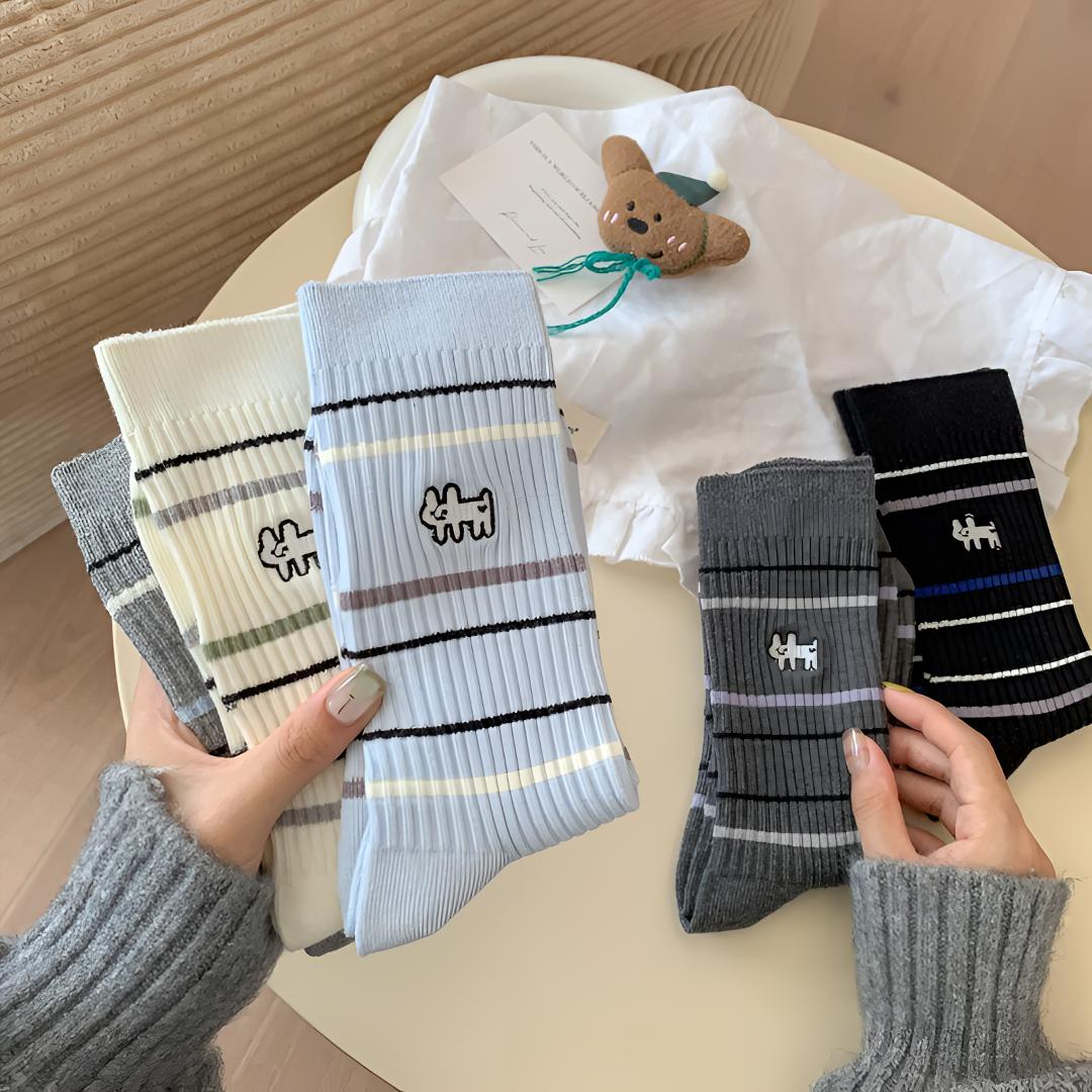 秋冬新款可爱加厚堆堆袜双针条纹刺绣小狗ins潮休闲秋季无骨棉袜