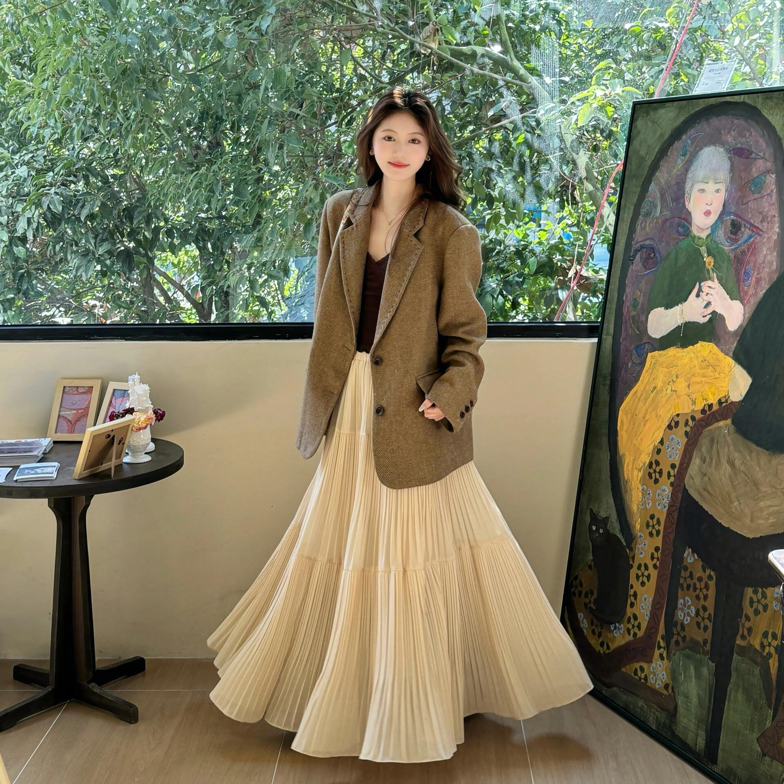 早秋季穿搭一整套韩系高级感西装外套百褶半身裙气质减龄套装裙女