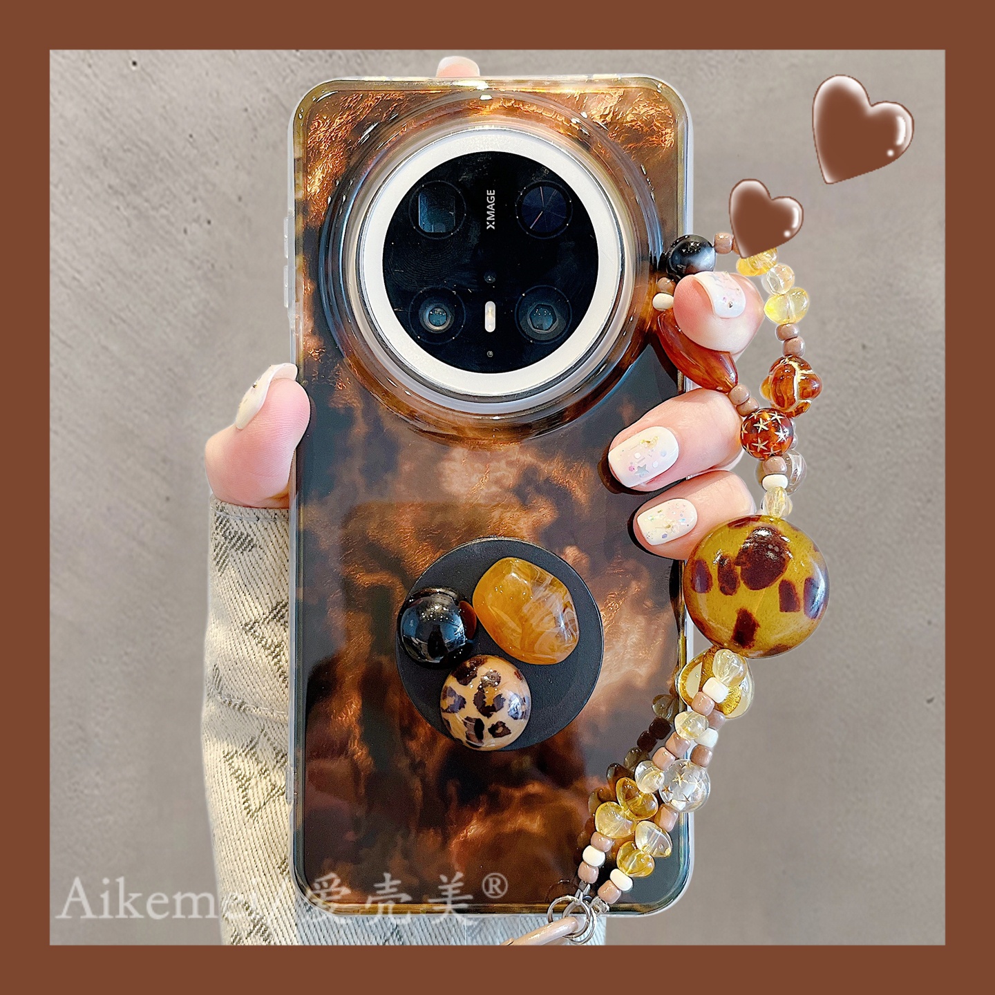 适用华为mate70pro+手机壳棕色渐变晕染Mate60pro+立体宝石支架女