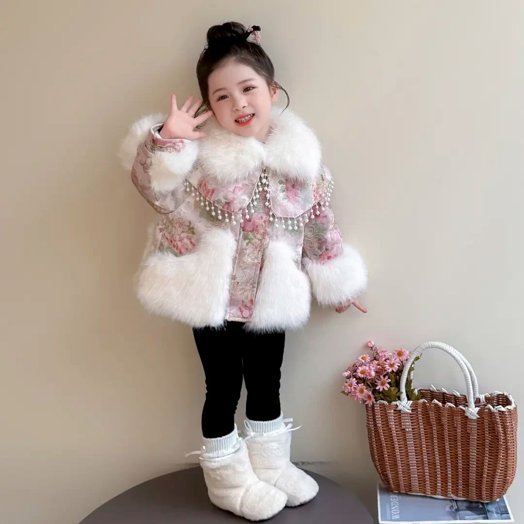 女童加绒仿皮草国风外套秋冬款2025新款儿童加厚上衣洋气女孩棉袄