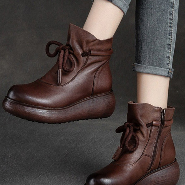 覆古秋冬女厚底靴新款真皮圆头短靴首层牛皮楔形跟厚底大趾靴