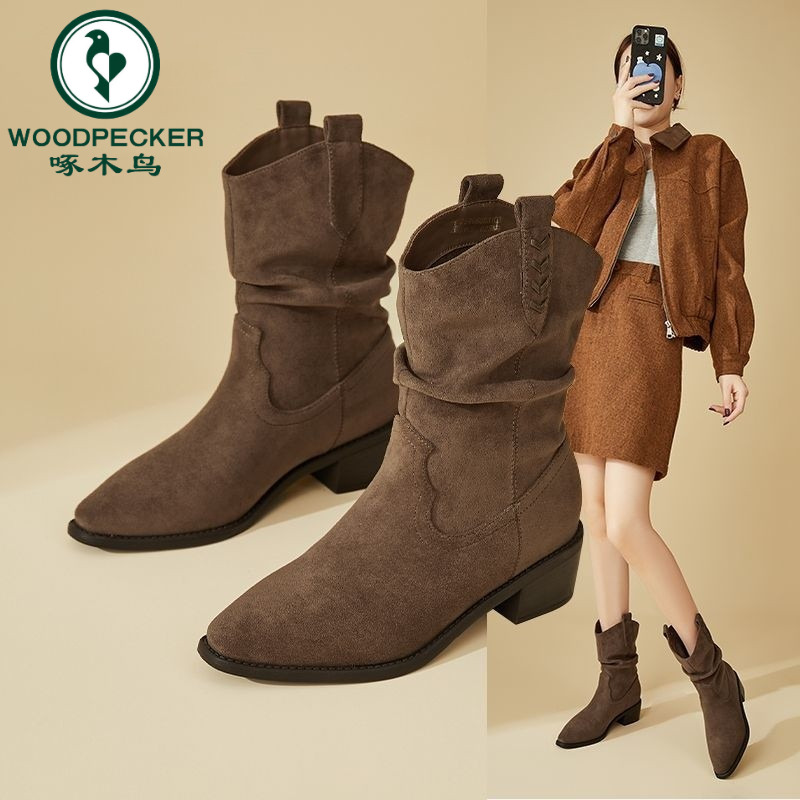 啄木鸟尖头西部牛仔靴女2025新款秋冬美拉德短靴马丁靴复古堆堆靴
