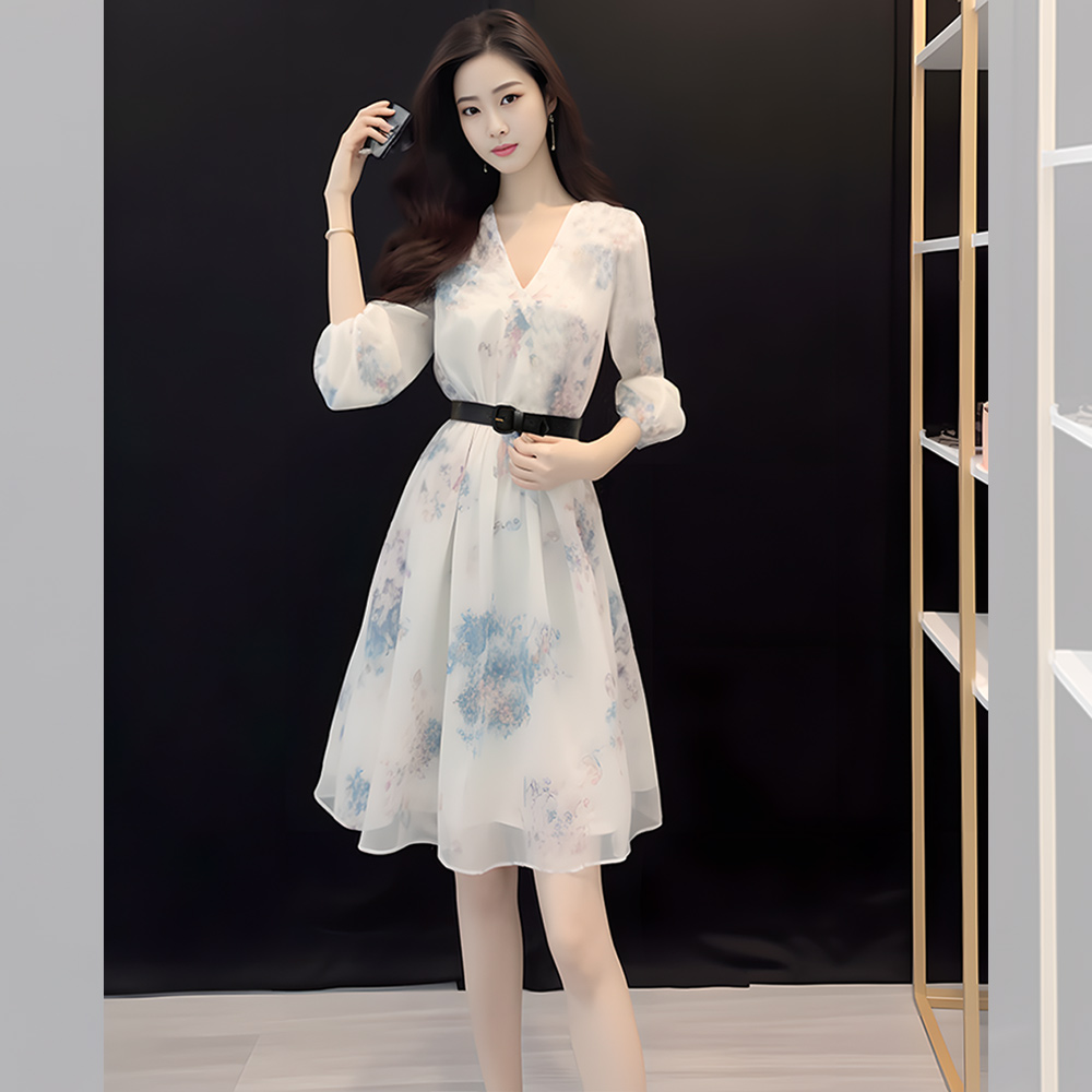 夏季新款女装时尚穿搭衣服轻熟风高级感雪纺连衣裙收腰气质洋气潮