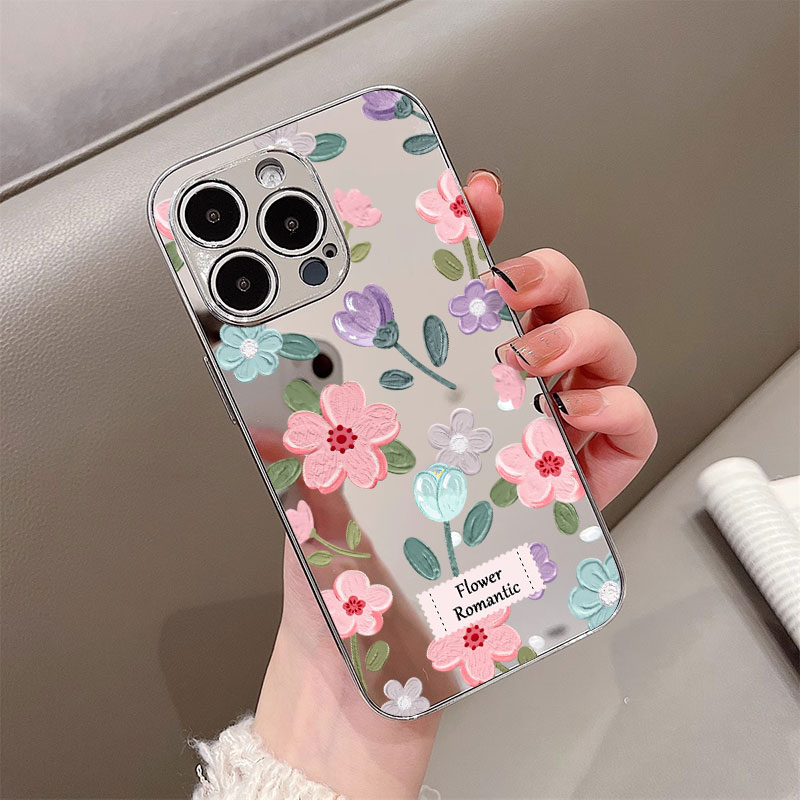 油画花适用苹果16华为vivo/oppo小米iPhone15电镀镜面支架手机壳