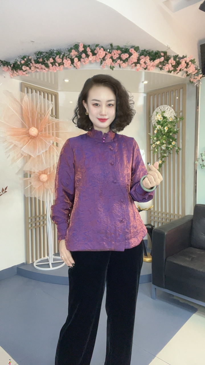 【流光锦】新中式国风复古提花盘扣褶皱木耳边立领长袖衬衫Y9090-3